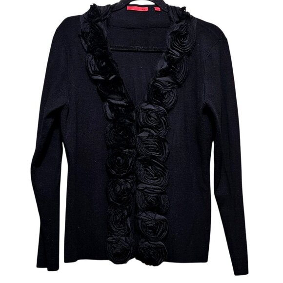 RED Black Knit Cardigan With Floral Rosette Trim Size L Long Sleeve Women's Swea - Picture 1 of 10